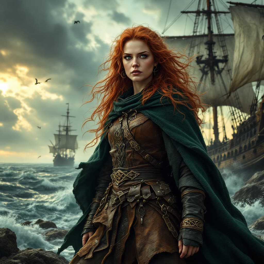 AI generated: Gráinne O'Malley, the legendary Irish pirate queen, stands defiantly at her rugged sea port, her sta...