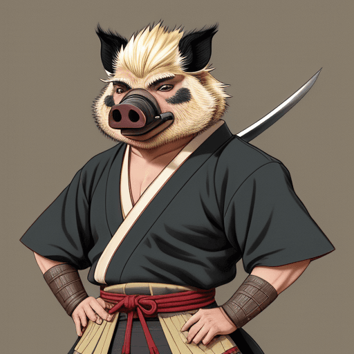 AI generated: anthropomorphic wild pig, male,  samurai, art by Stan Sakai, anime