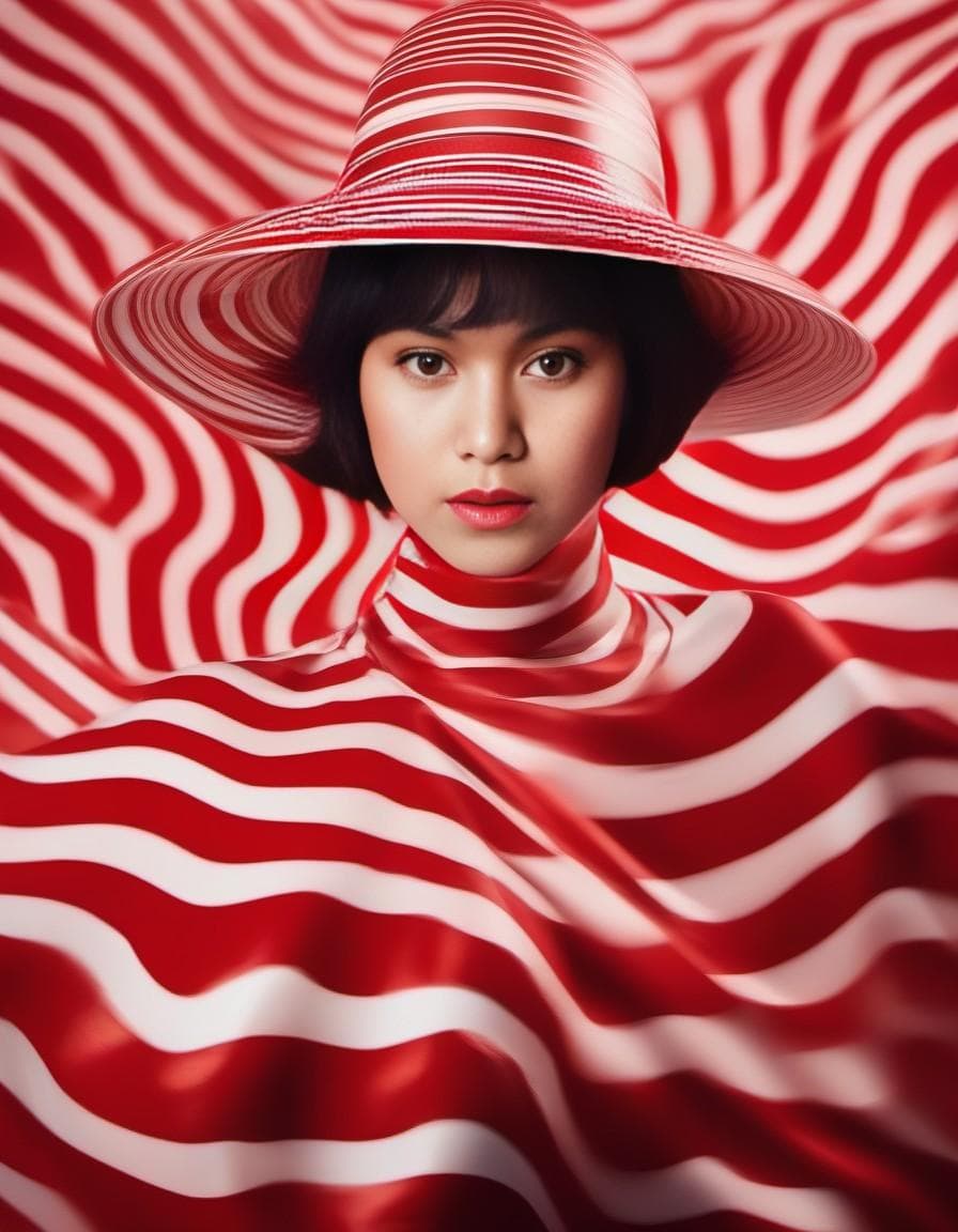 AI generated: Extreme Wide Shot, Surreal scene of the striped form lady, emerging from lady Hat wavy striped liqui...
