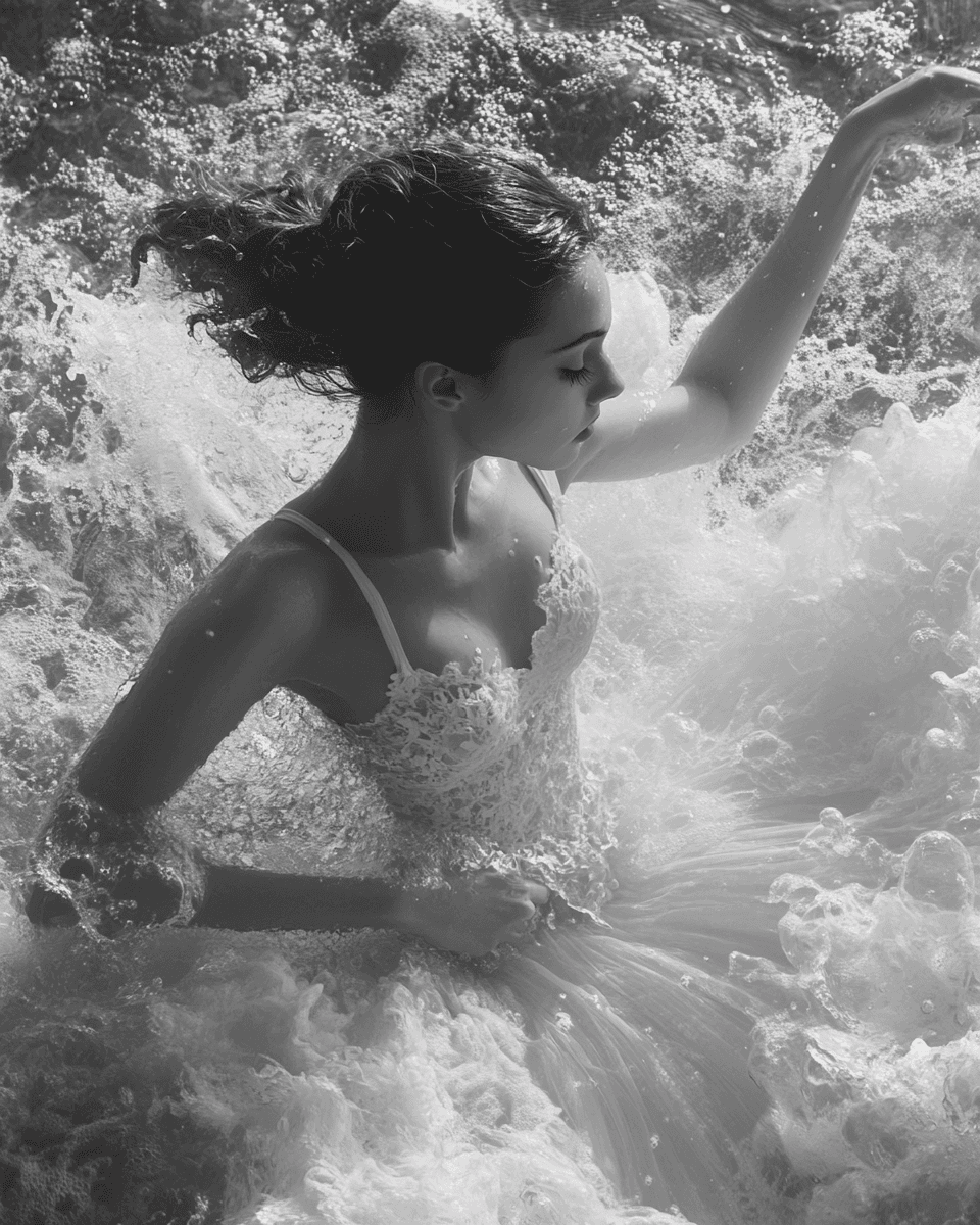 AI generated: A ballerina in white tulle is dancing, her hands holding the wall of water and painting with it, she...