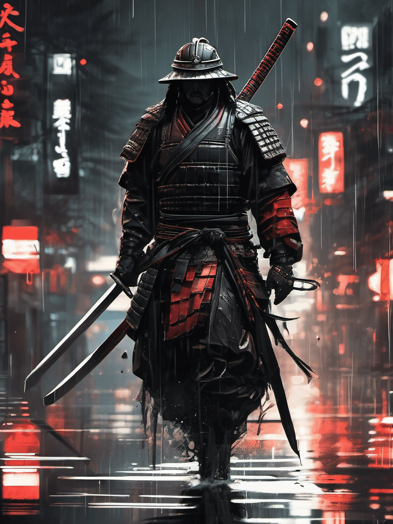 AI generated: digital wallpaper portrait of a samurai in black armor, highly detailed, at night, dramatic cinemati...