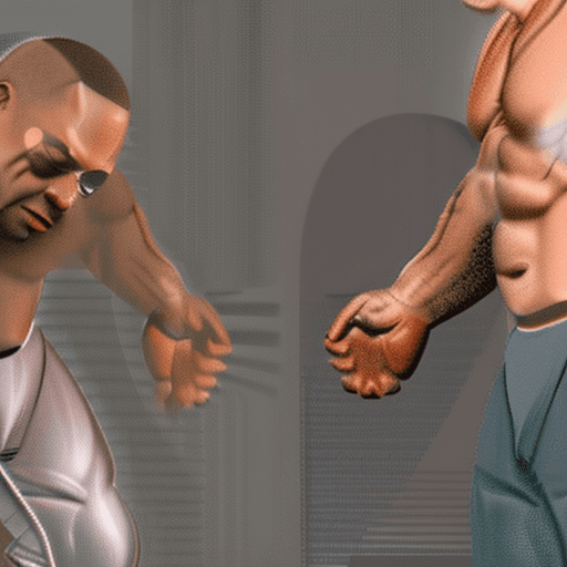 AI generated: a dark muscular black man beating up a flabby white man