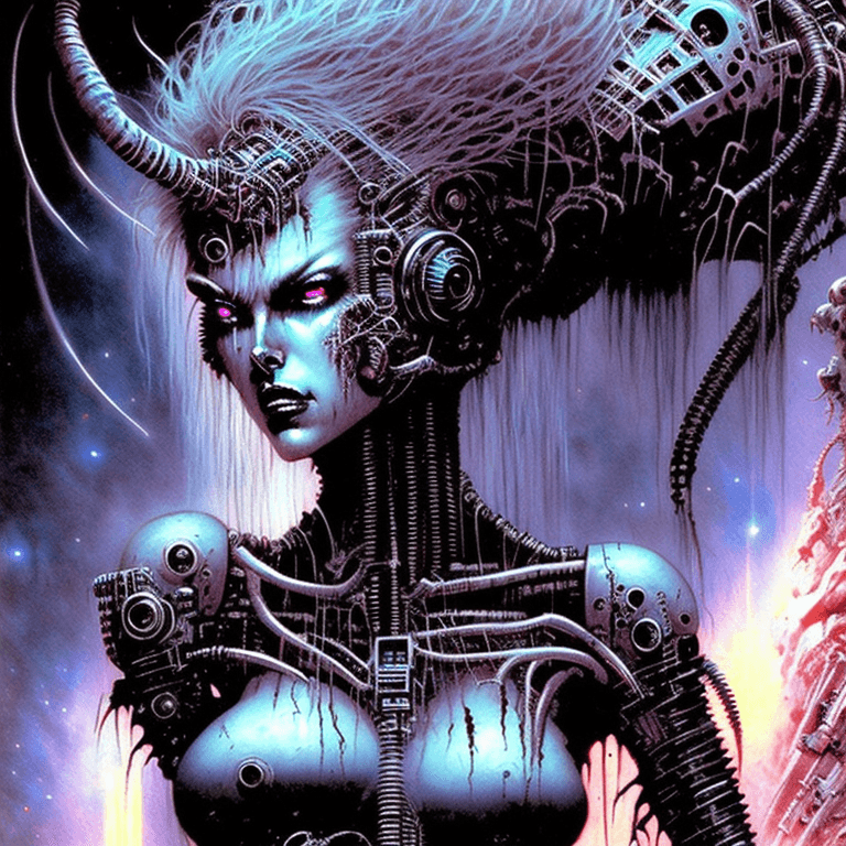 AI generated: a perfect Beautiful Amazing!! rugged female post apocalyptic retrowave synthwave cyborg, space age, ...