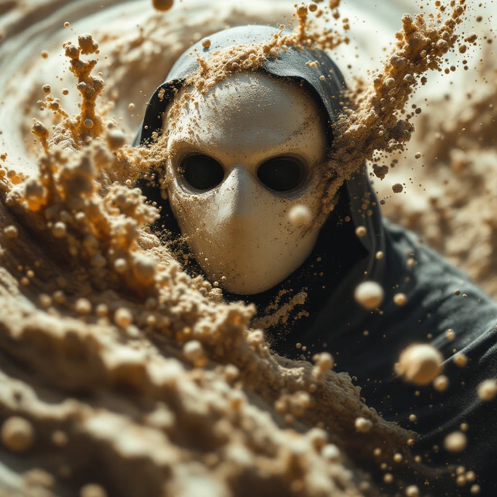 AI generated: Moon Knight dissolving into swirling sand, ultra-realistic, in the style of Marvel Comics, volumetri...