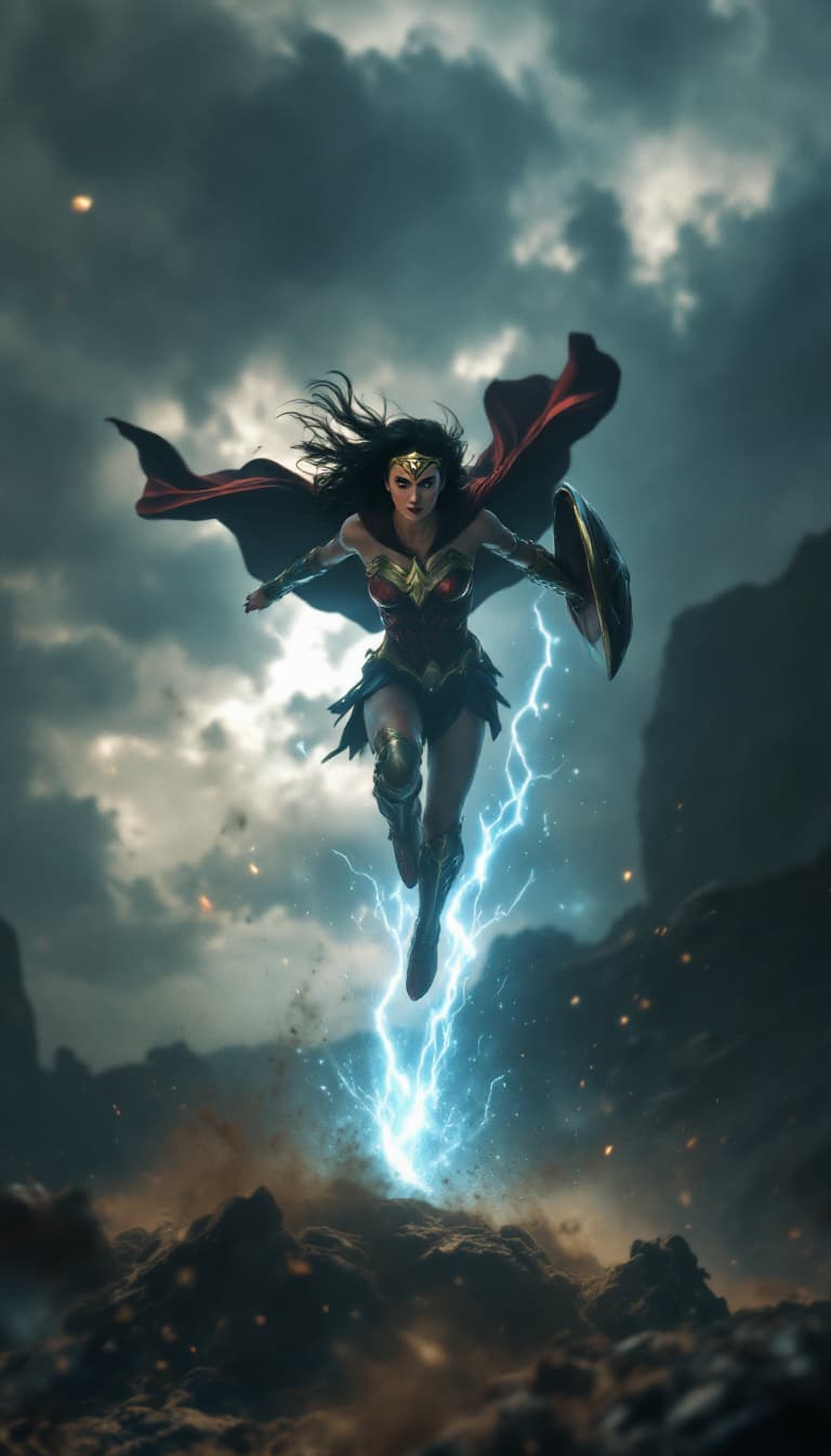 AI generated: Epic slow-motion scene of a young female superhero inspired by Wonder Woman leaping from a cliff int...