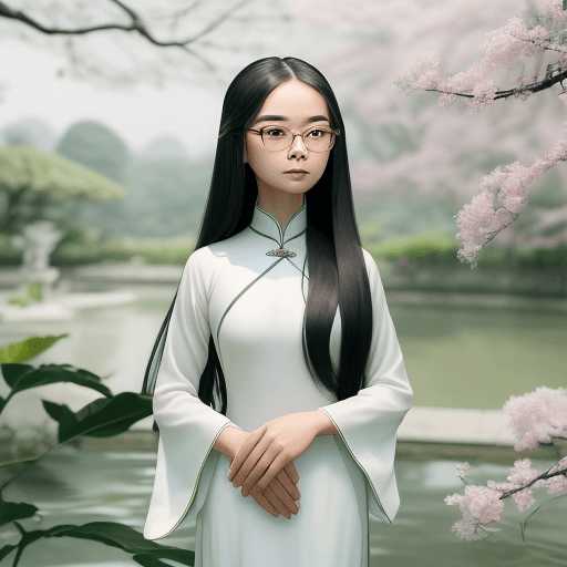 AI generated: Wide-angle photo of a Vietnamese girl with dark long hair and wearing glasses with slightly tinted l...