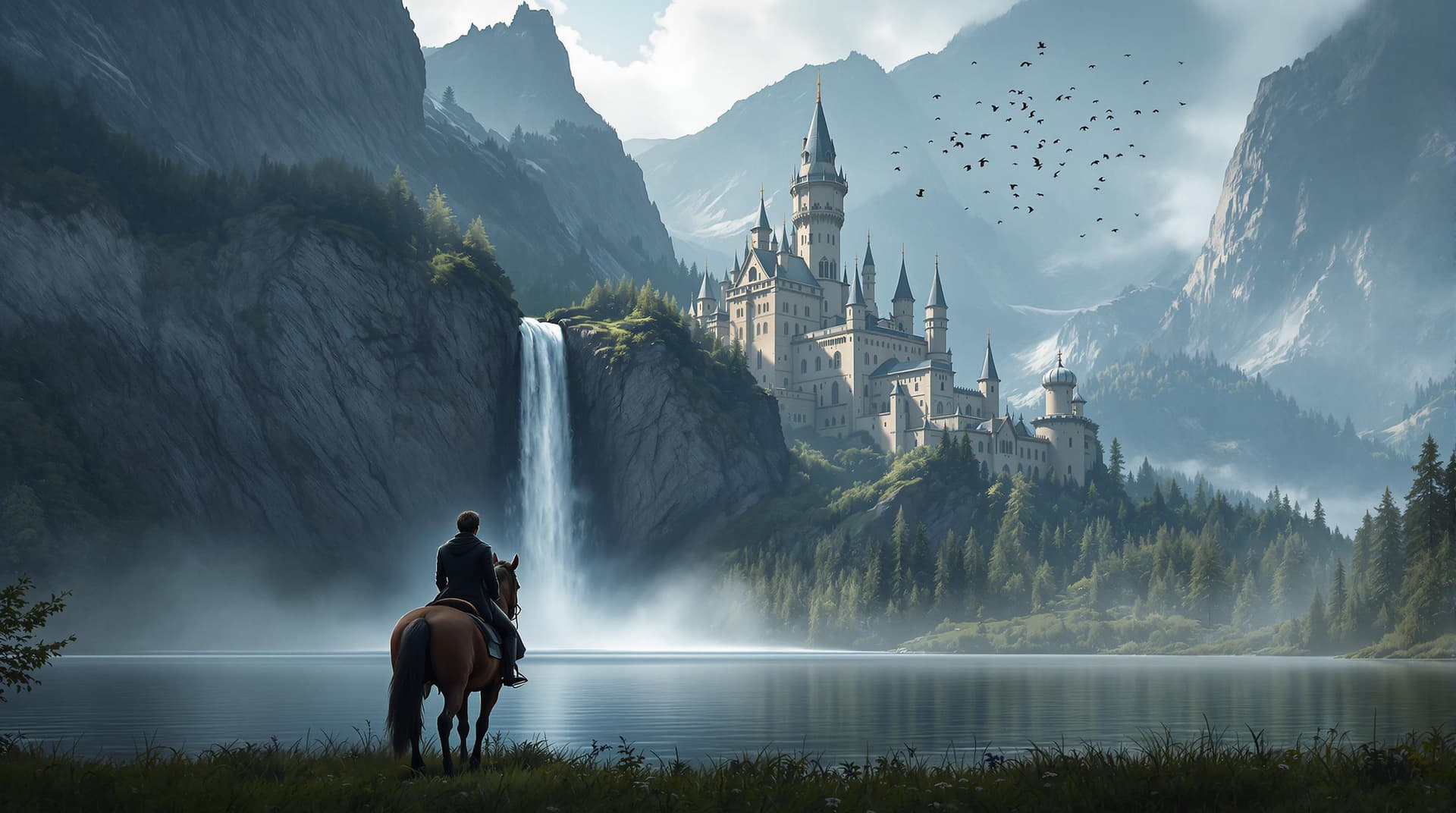 AI generated: a serene and idyllic scene of a person on horseback gazing up at a majestic castle, set against a br...