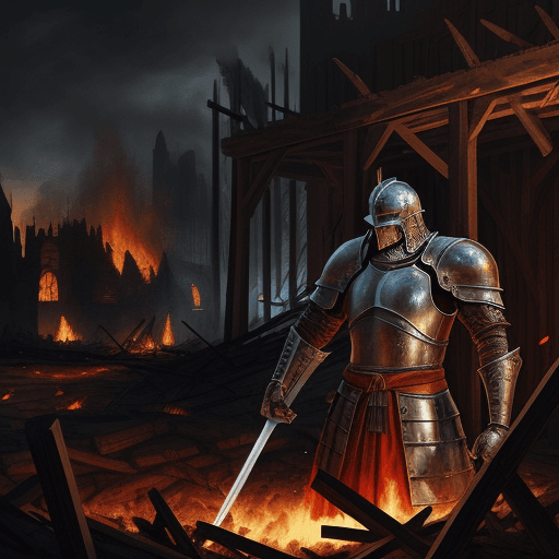 AI generated: steel knight, medieval, war, burning place, pierced by a sword, dead body, wooden ruins, sad situati...