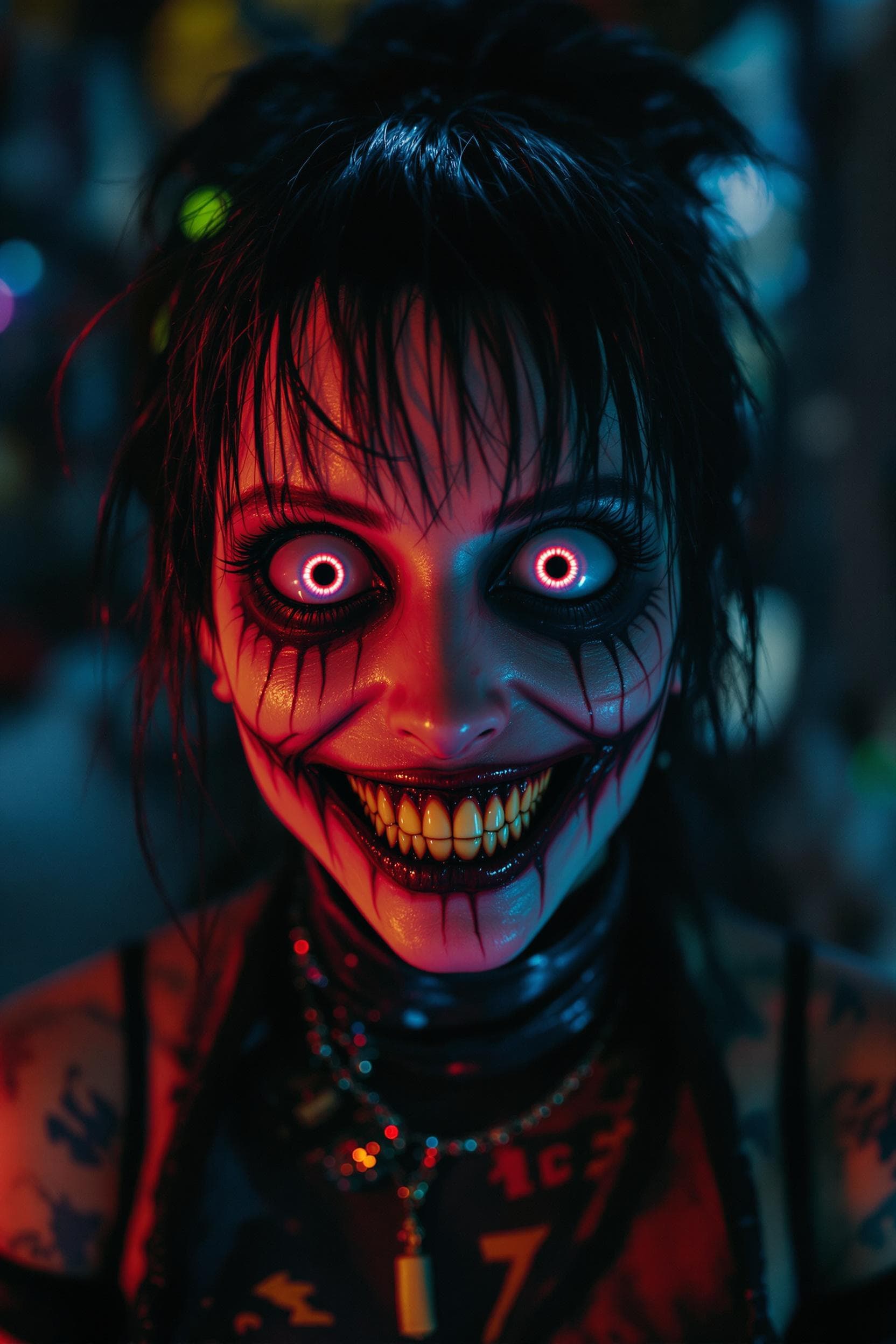 AI generated: Visually crazy, freaky female, punk, goth, unreal, insanely large creepy eyes and smile, mischievous...