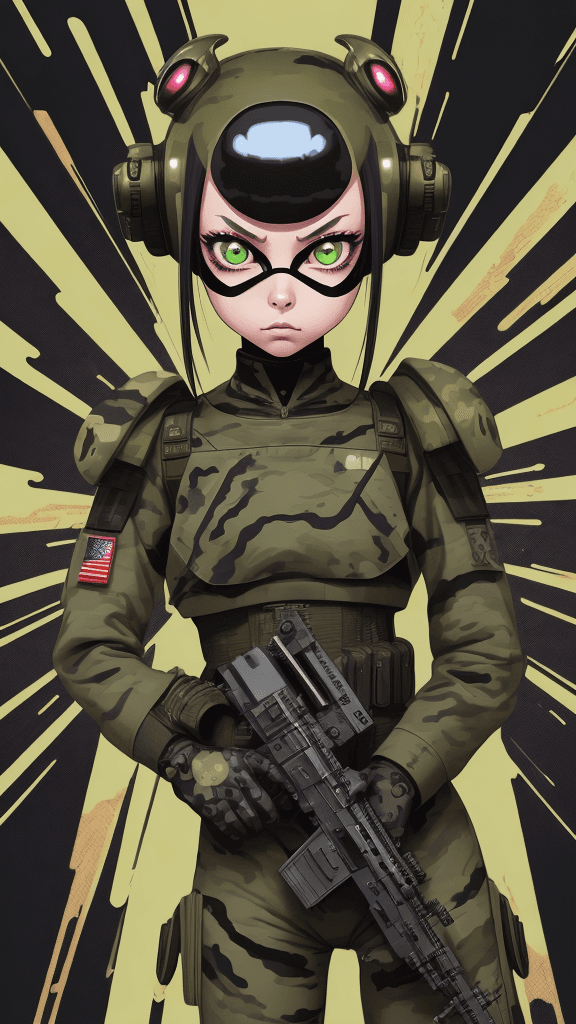 AI generated: in a funky army background portrait of little ((alien woman))2.2, wearing (army attire):1.2, with a ...