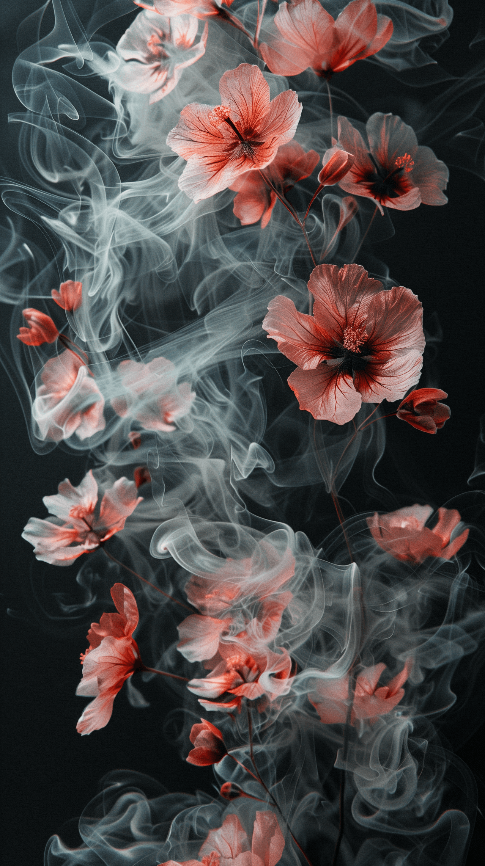 AI generated: surreal image, smoke rises in floral patterns, transforming into blossoming flowers as it ascends, s...