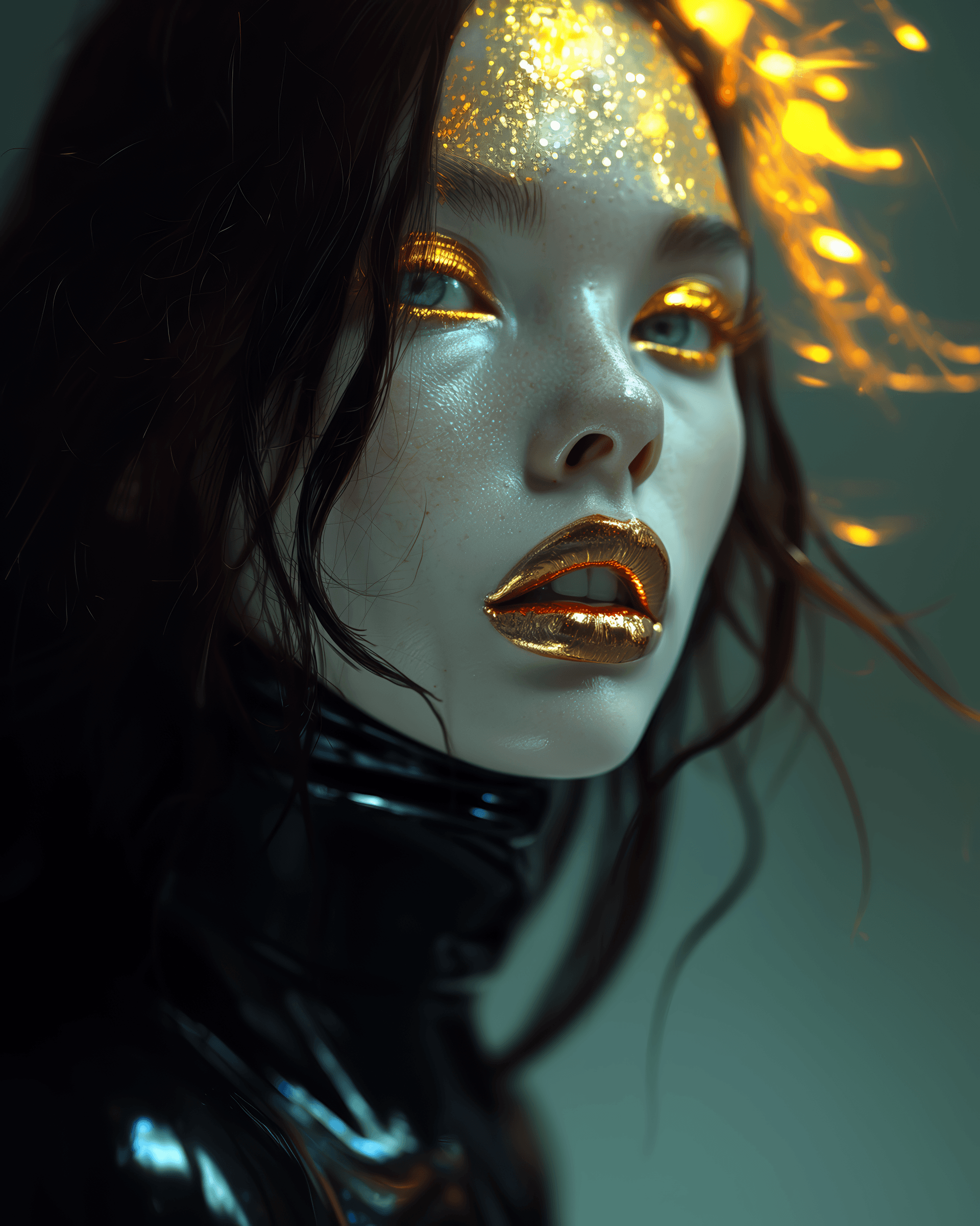 AI generated: a woman with a large jaw and gold teeth, in the style of futuristic minimalism, restrained forms, da...
