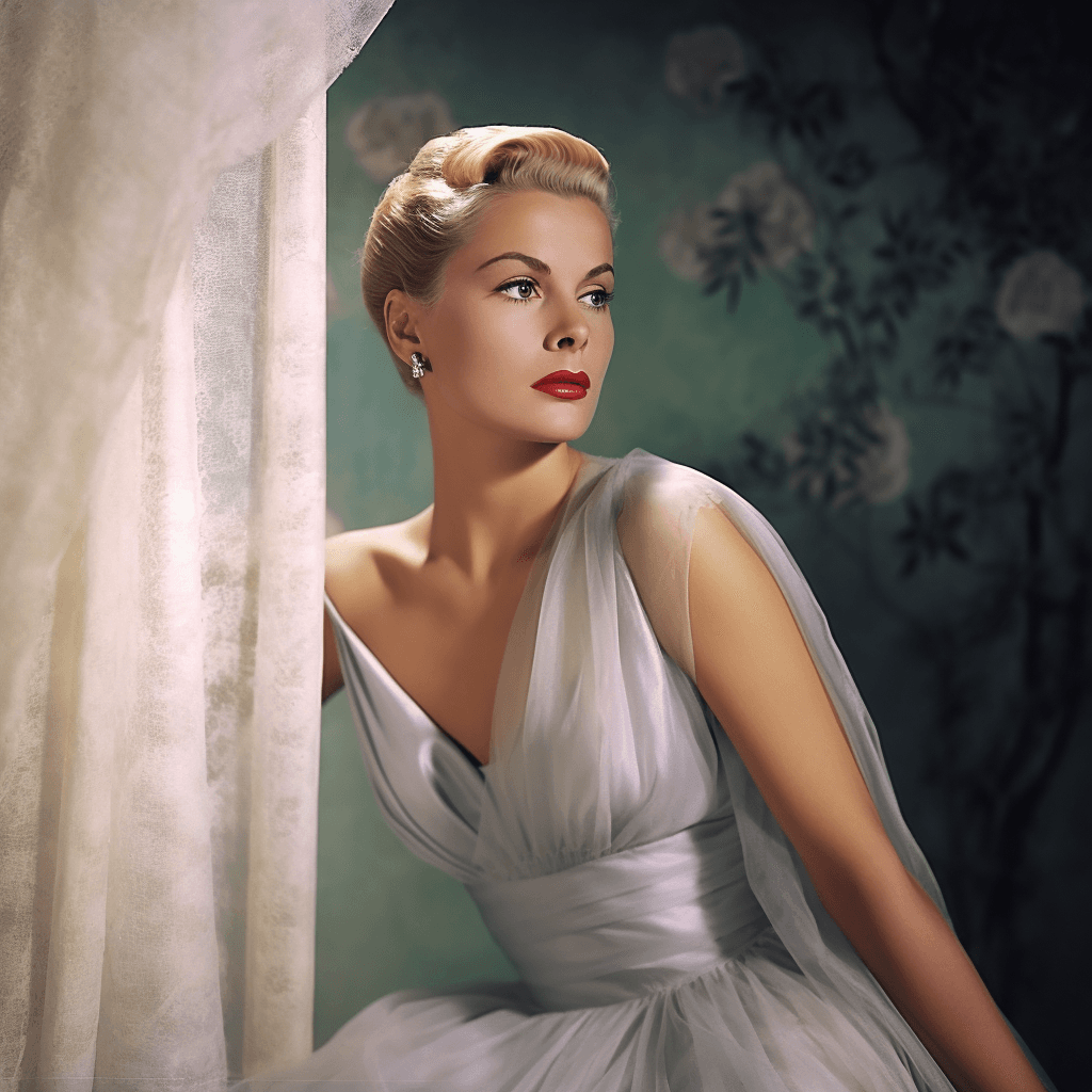 AI generated: vogue, high fashion, 1952, blurred gray tones background, ultra focus, face detailed, 8k resolution,...