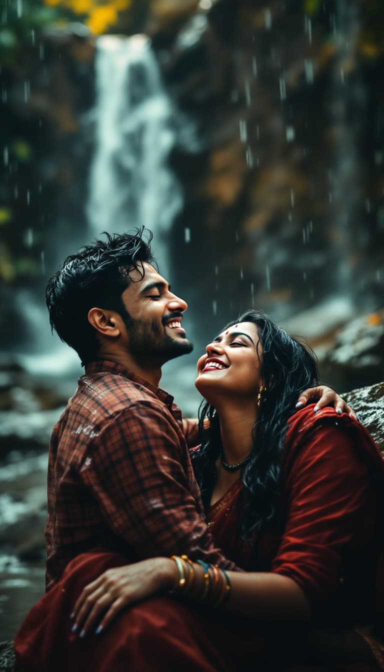 AI generated: A romantic South Indian couple enjoying a rainy waterfall moment. The man is wearing a red and black...