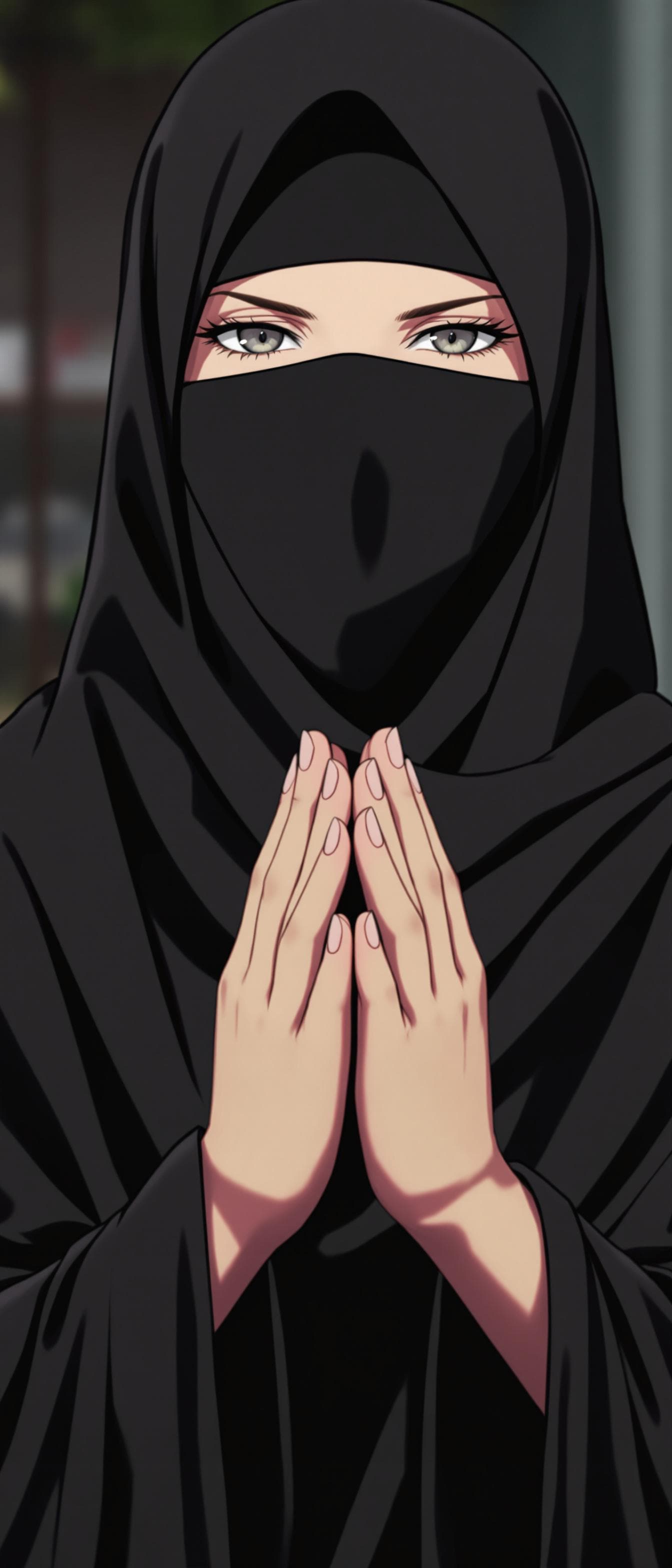 AI generated: manga anime, upper body, wearing a black hijab with the covering face like a Arabian woman in black ...