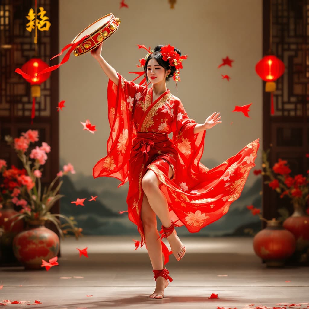 AI generated: Full body view of a beautiful corean woman, short black hair, flower in hair, Very short red flored ...