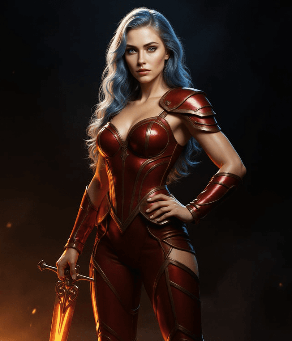 AI generated: A stunning beauty stands confidently, clad in shimmering red armor that accentuates her curves, her ...