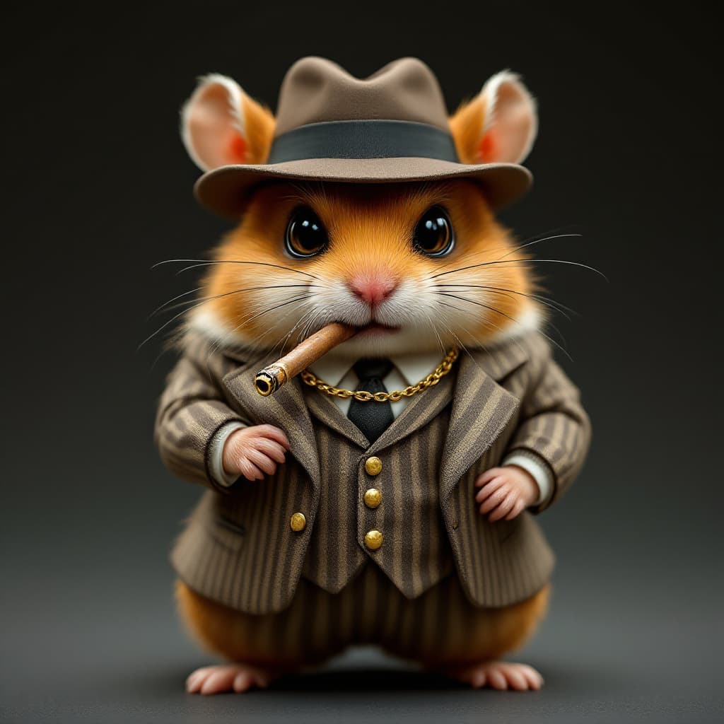 AI generated: A small but intimidating humanoid hamster, dressed in a classic 1920s mafia-style suit. His fur is l...