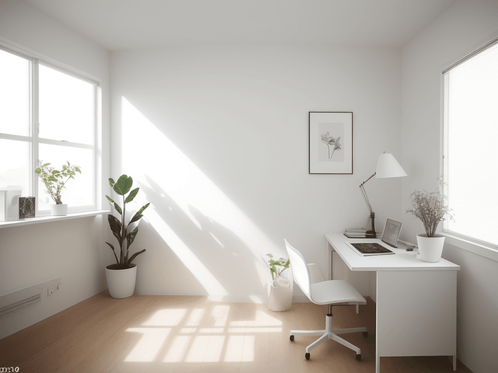 AI generated: photograph, home office, minimal, soft sunlight, warm artificial light casting, creating a warm whit...