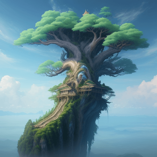 AI generated: mystical Sky Island,,in mid-air,a colossal withered tree,Unveil the secrets hidden in the sky,by chi...