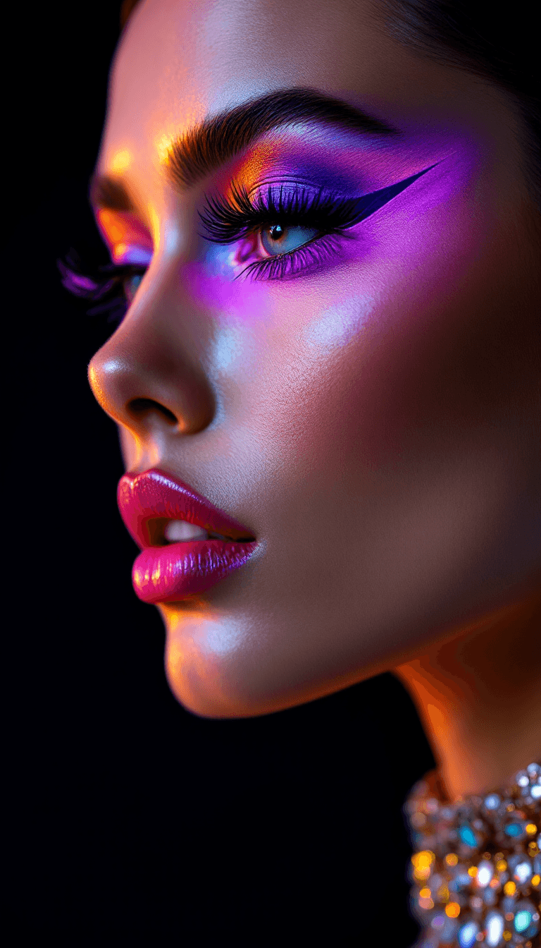 AI generated: a side profile angle photo of a model with thick super long dramatic eyelashes, neon purple eye make...