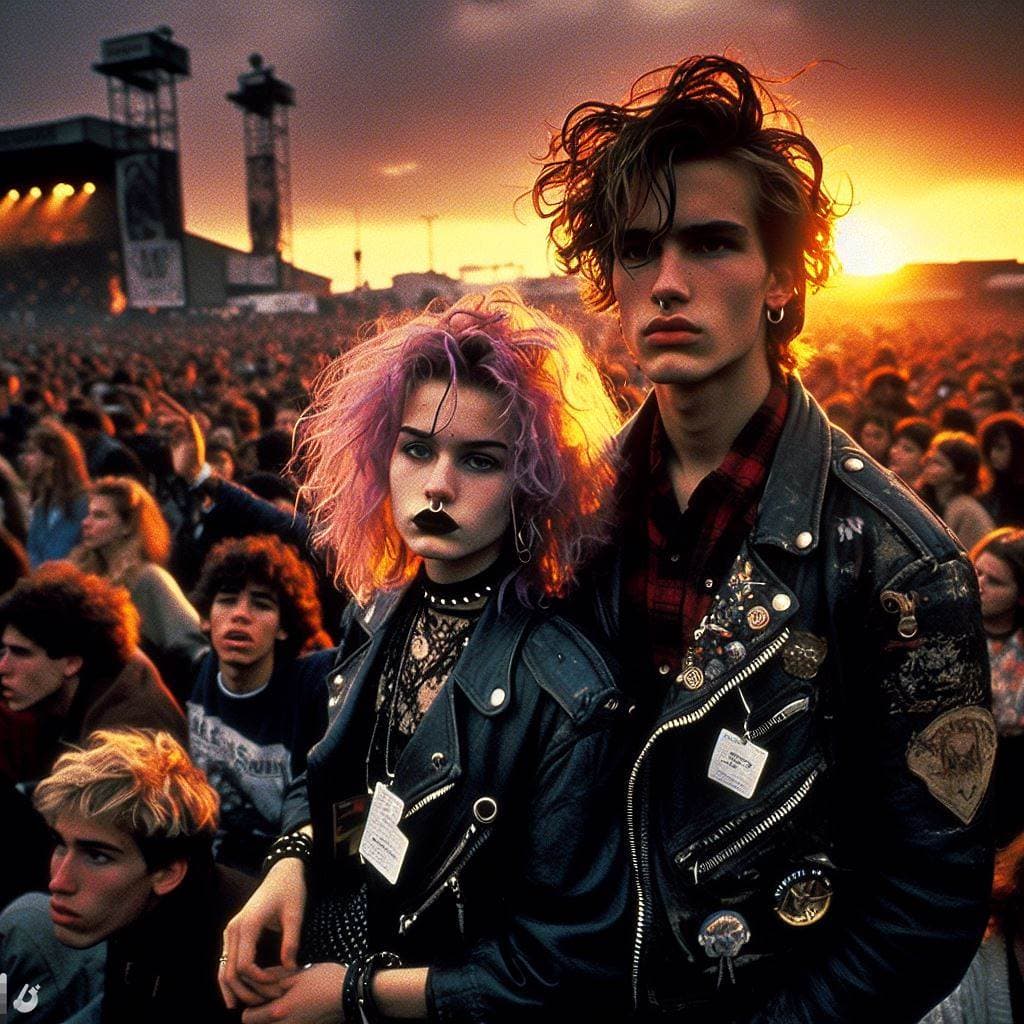 AI generated: At an intense sunset in the gritty streets of 1990 Santiago, a street-style photograph captures the ...