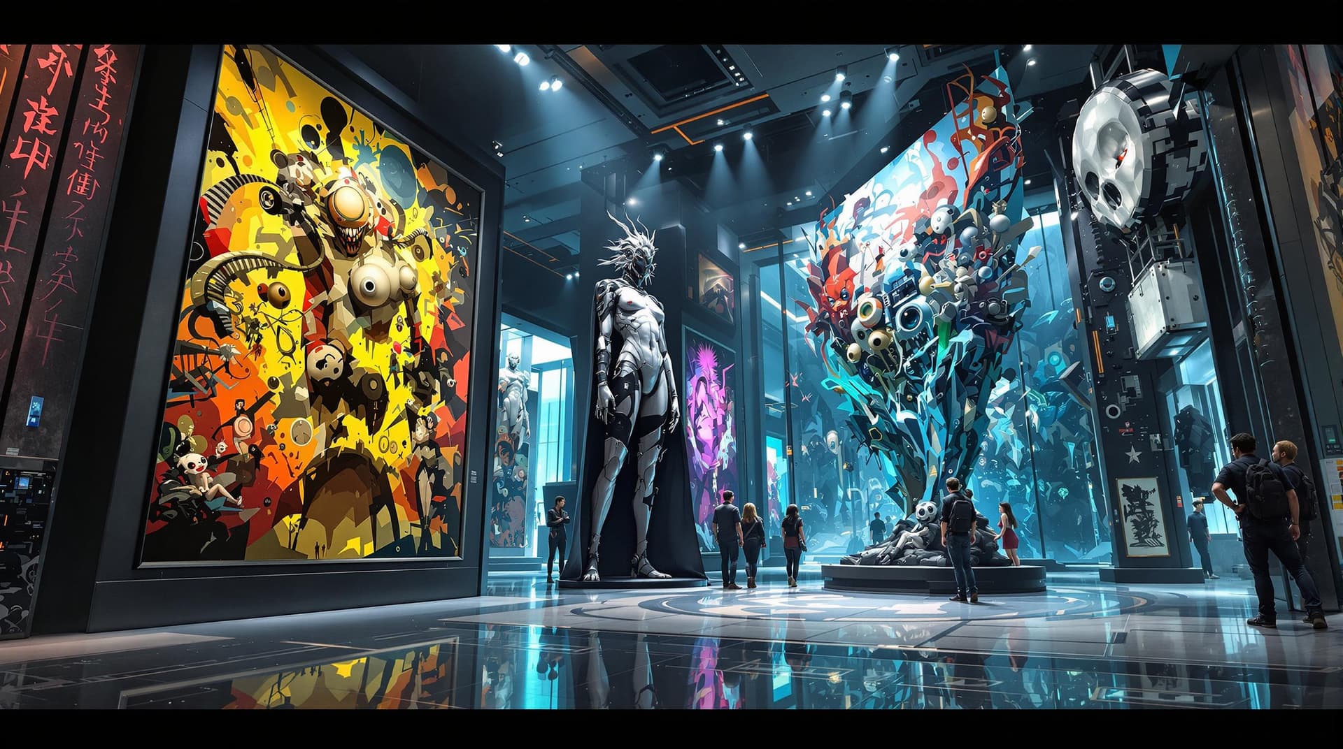 AI generated:    a close view inside a futuristic museum, featuring anime style strange, weird and bizzard art,lar...