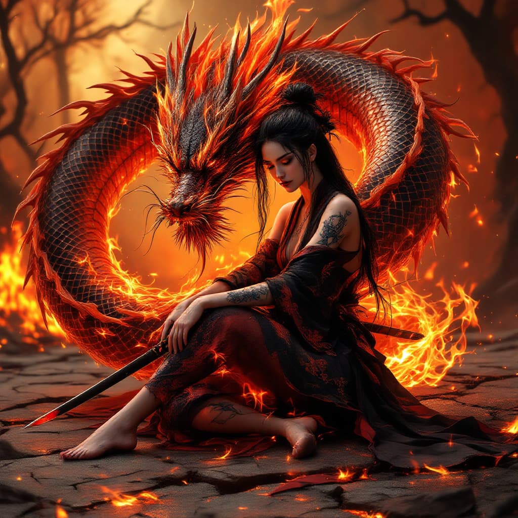 AI generated: female flame warrior with jet black flowing hair and pale skin and tattoos wearing a black and red k...