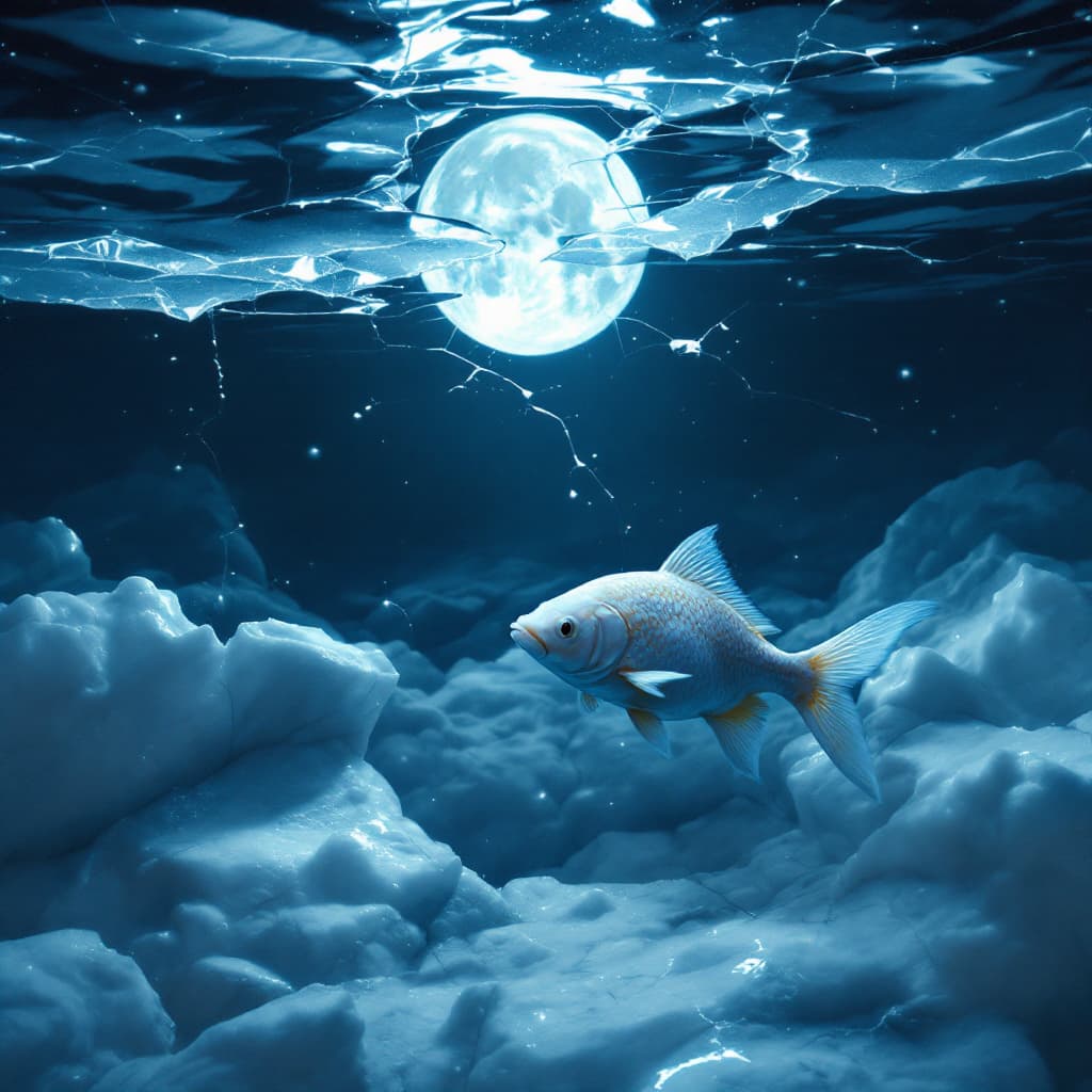AI generated: “Nighttime scene. A white-gold fish swimming under a smooth, fractured ice surface. The ice is gloss...