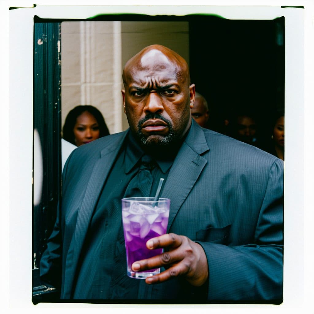 AI generated: grainy 80's photograph quality polaroid of big fat bald anxious fearful black man being court-marsha...