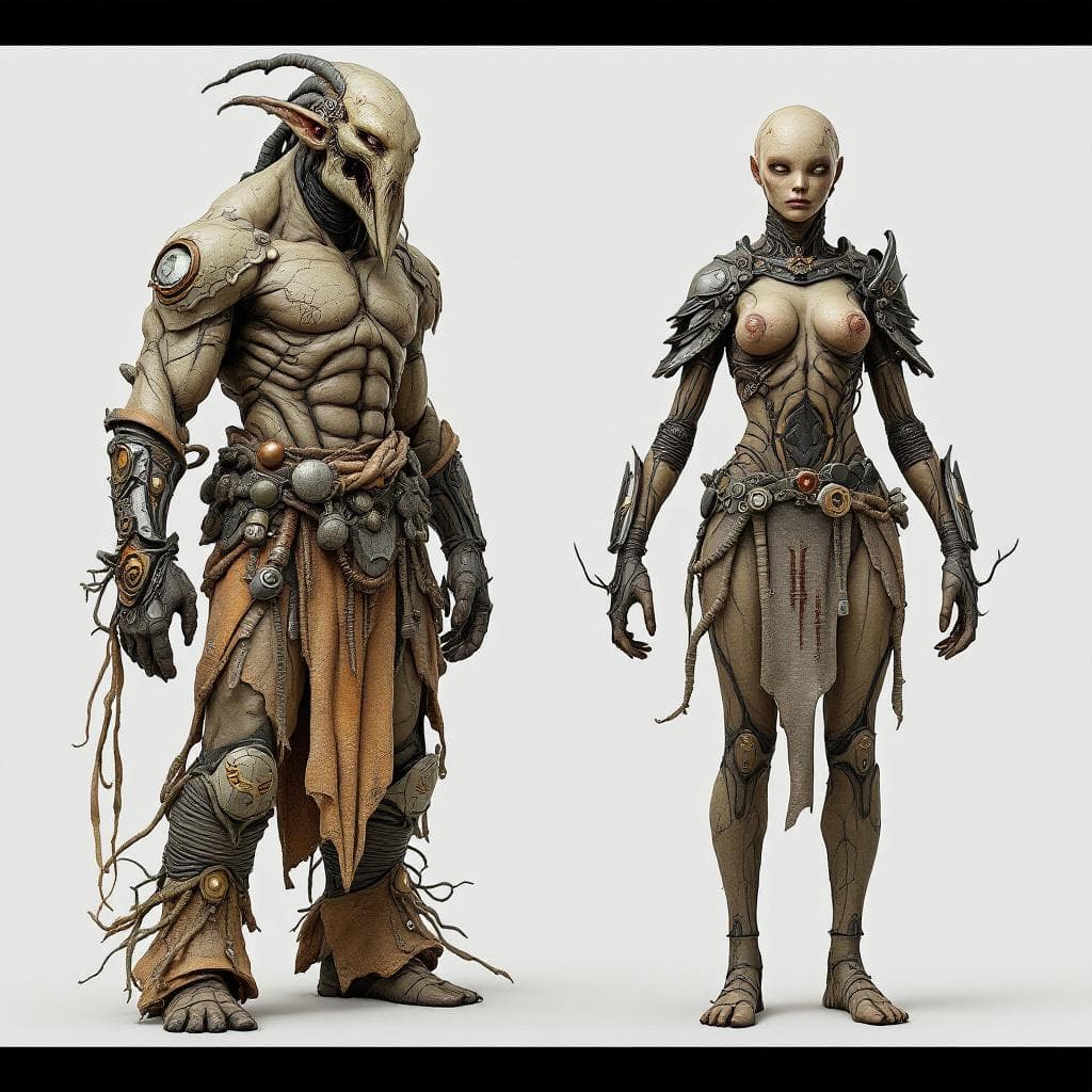 AI generated: Create unique, fleshly, organic, human-like species, Male and Female, that match this description. H...