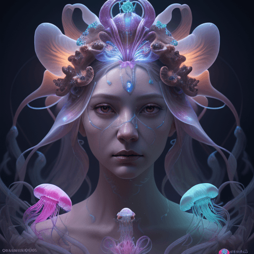 AI generated: Goddess close-up portrait ribcagel. jellyfish phoenix head, nautilus, orchid, skull, betta fish, bio...