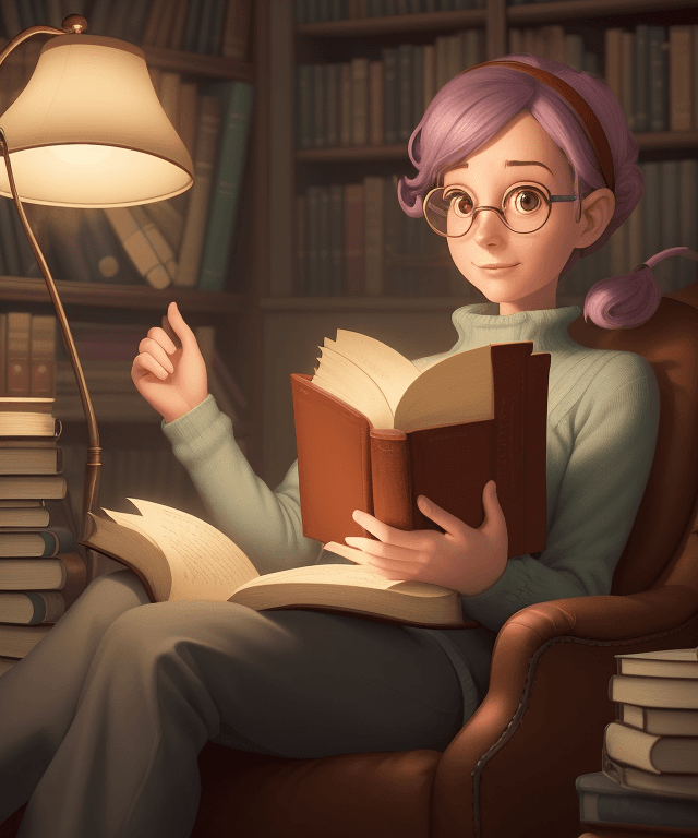 AI generated: A whimsical illustration of a content bookworm in a cozy library setting, surrounded by books, readi...