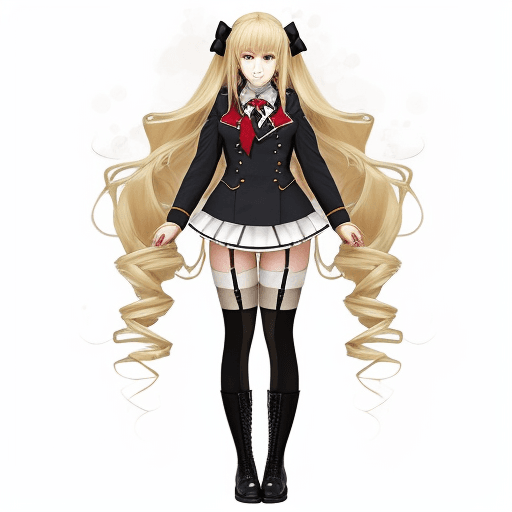 AI generated: Claire Harvey, drill hair, thighhighs, twin drills, garter straps, boots, long hair, blonde hair, sc...