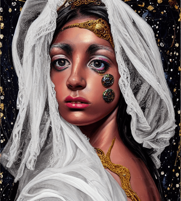 AI generated: Oil painting, high resolution 8k, Pollock master painter, Byzantine artwork, 
young black lady close...