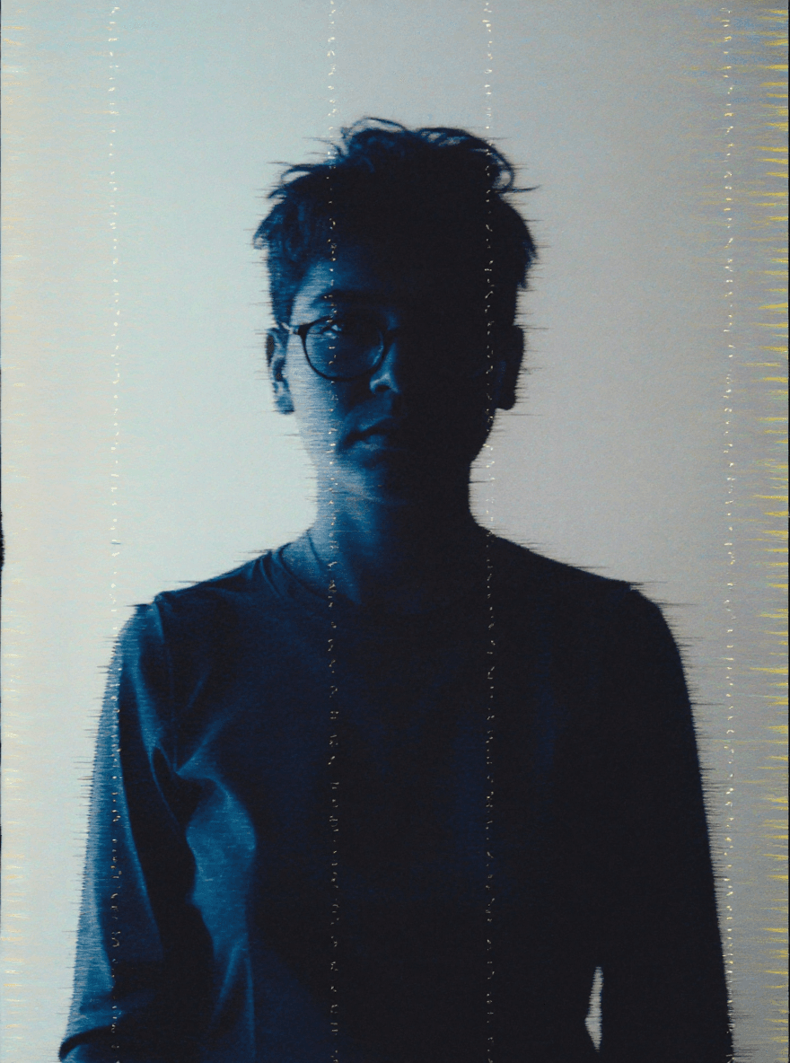 AI generated: glitch art with linear distortion, horizontal scan lines and digital interference, vertical portrait...