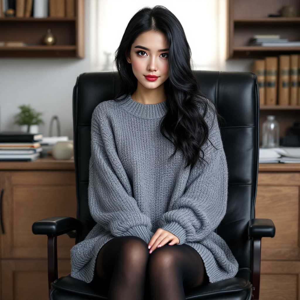 AI generated: sweater grey transluced, open middle, stockings black, black hair, sit in secretary,