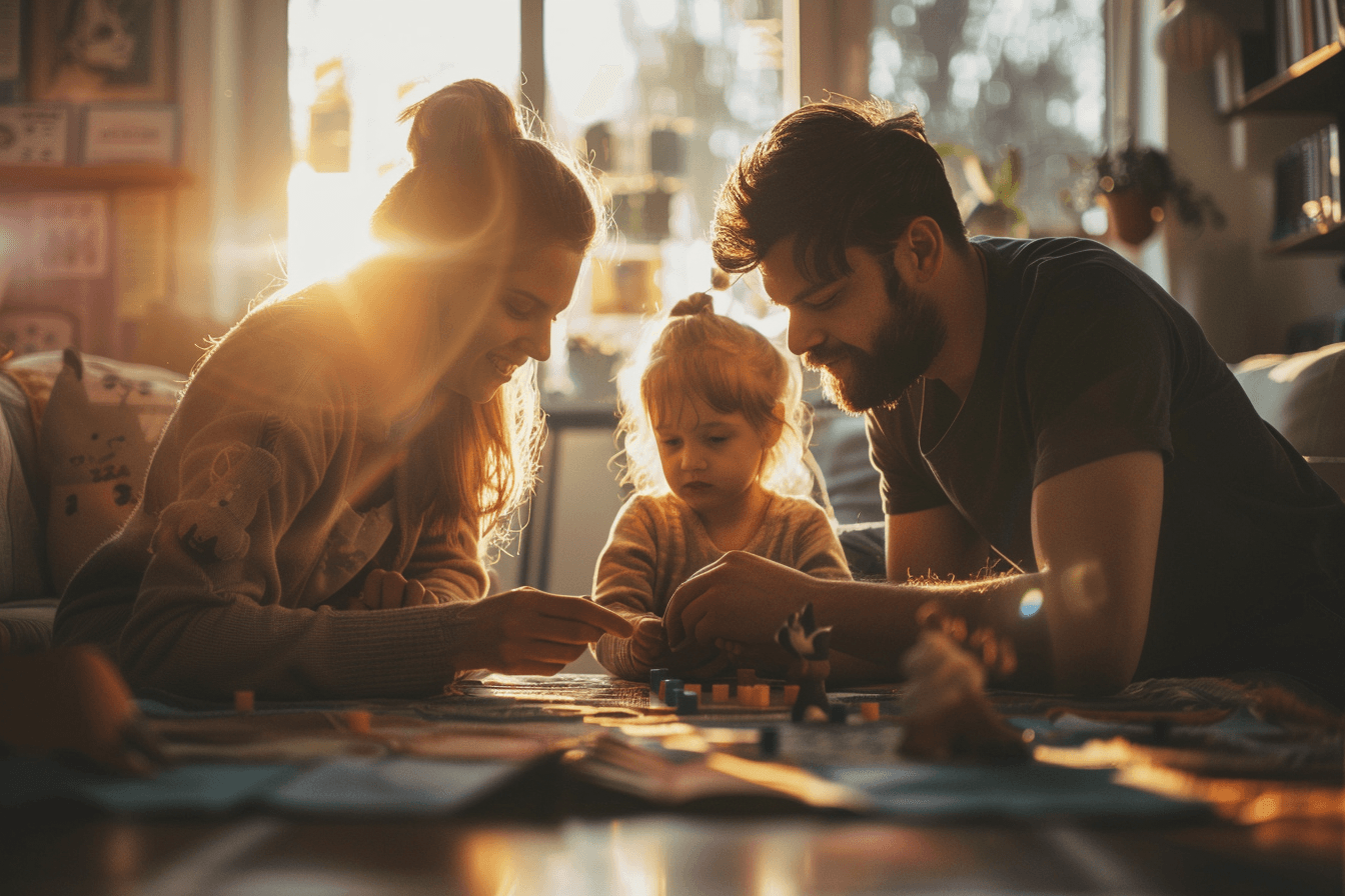 AI generated: with mom, dad and young daughter playing game, in the style of golden light, arts and crafts movemen...