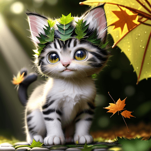 AI generated: Close-up of a beautiful kitten, big bright eyes. He is standing on two little legs. He holds a green...