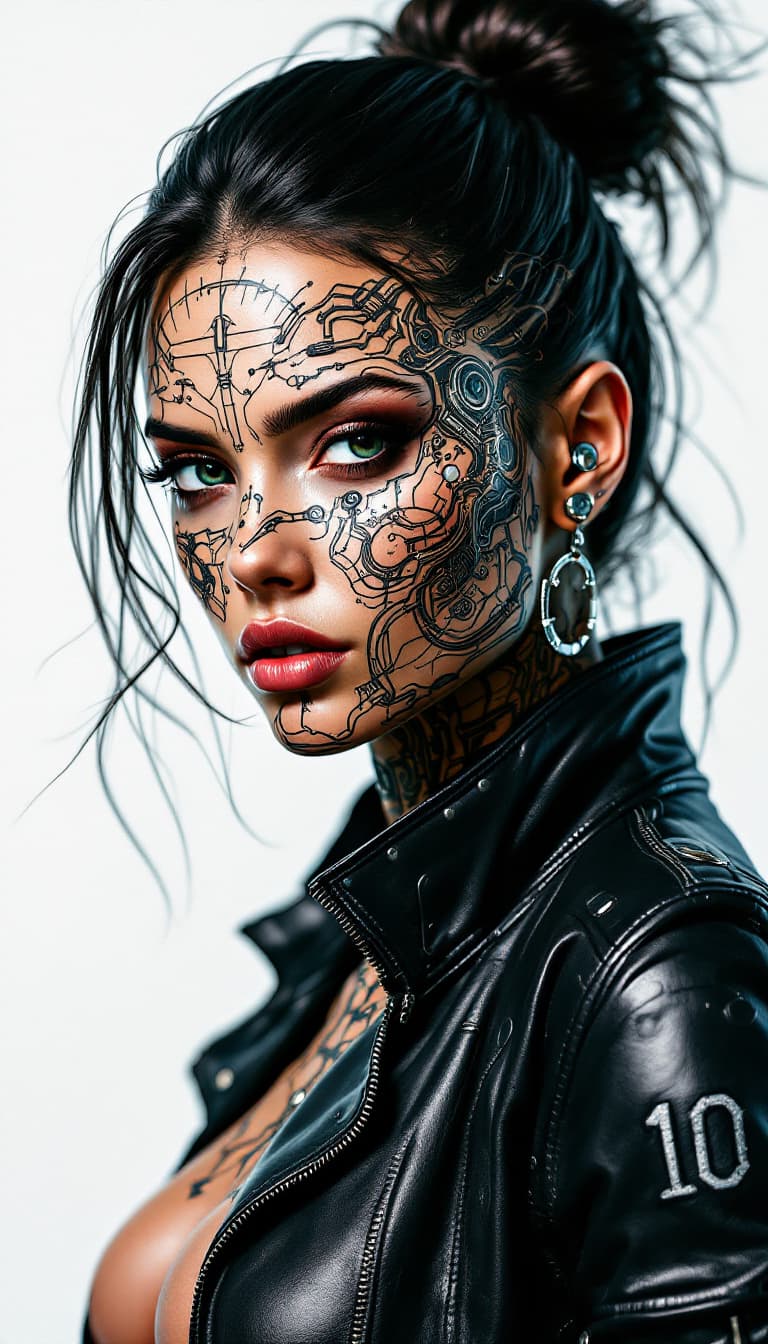 AI generated: 10. A dynamic, waist-up portrait of a woman, her face and upper body covered in intricate, biomechan...