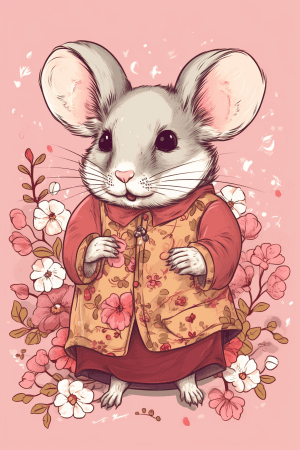 AI generated: a small round rodent dressed in pink floral clothing, cute sticker, hand-drawn line art type, Disney...