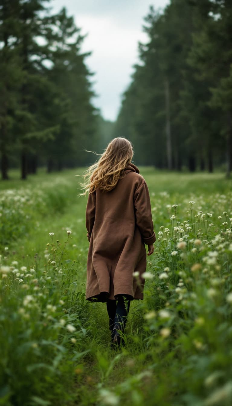 AI generated: a woman walking through a lush green field, vogue fashion photo, brown tuffle coat, beautiful swedis...