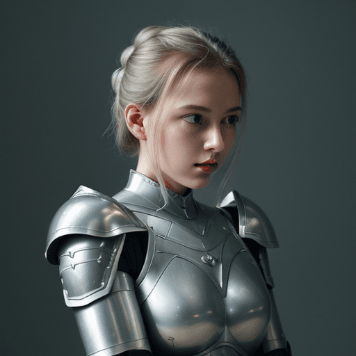 AI generated: a woman in armour, in the style of light white and dark silver, y2k aesthetic, soft, dream-like qual...