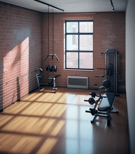 AI generated: Small gym inside an apartment building with brick walls and no windows cinematic, hyperrealism, high...