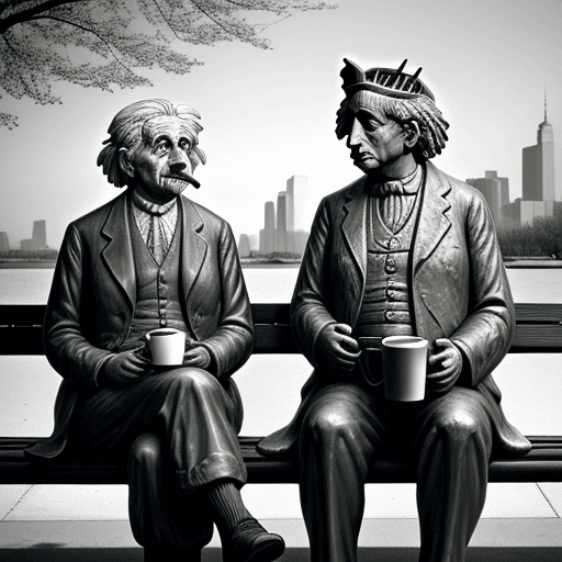 AI generated: Albert Einstein and Statue of Liberty drinking coffee on a park bench
