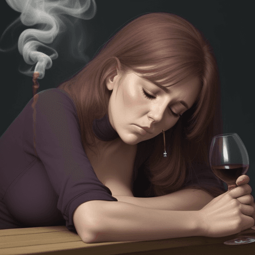 AI generated: beautiful and very tired woman looking pile smoking a winebottle