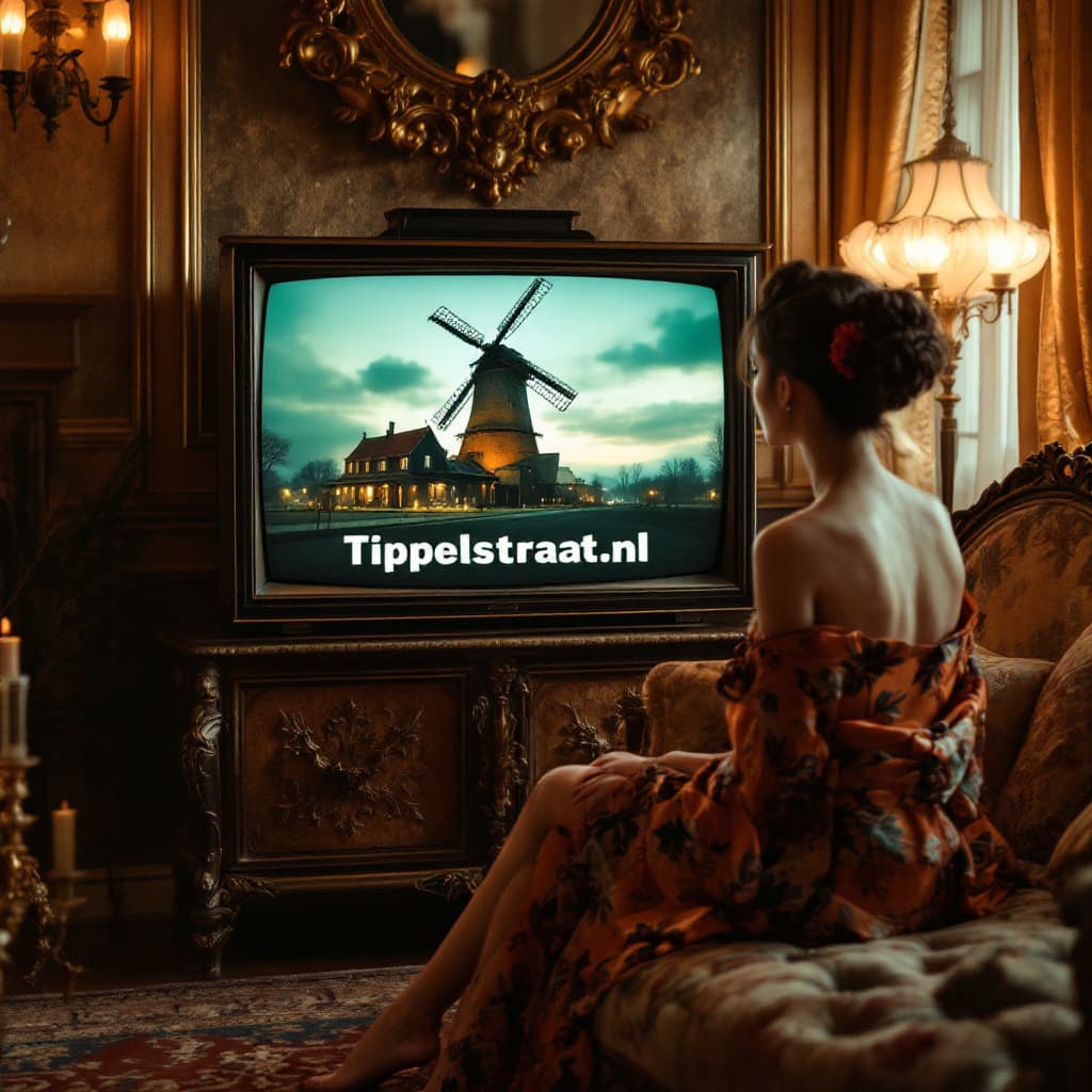 AI generated: Retro style photograph. The tv is in the middle of a shimmering luxury room and shows a commerical. ...