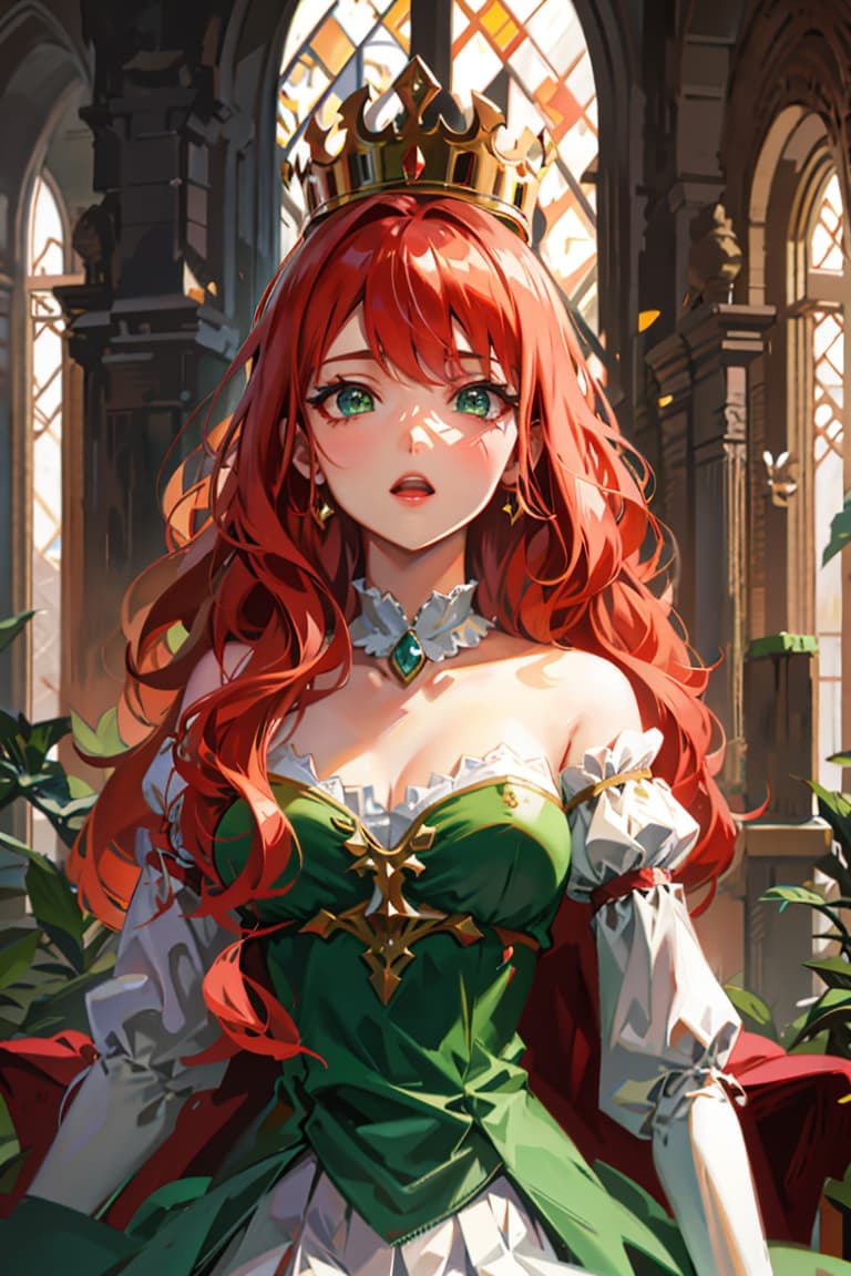 AI generated: girl, prettify, ancient, medieval, castle, queen, red_hair, green_eyes,throne <lora:retro:0.5>
