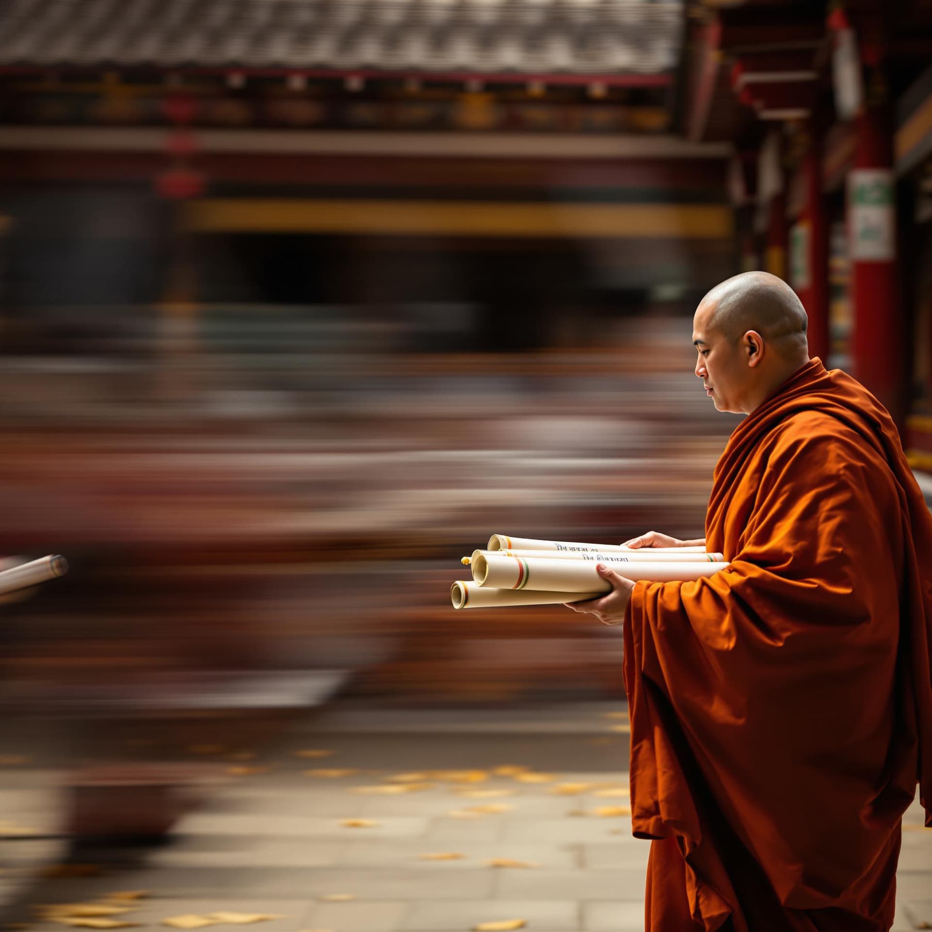 AI generated: A time-lapse showing scrolls being exchanged, a monk carrying Buddhist texts.