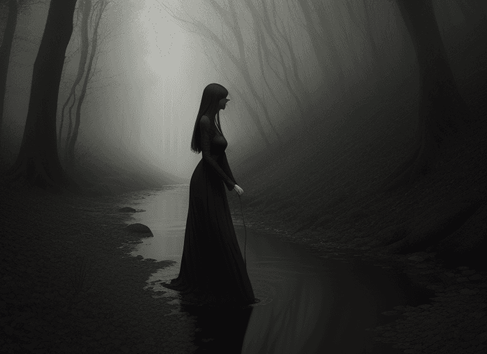 AI generated: woman walking toward me through a stream, long dress, forest, dark, mystical, fog